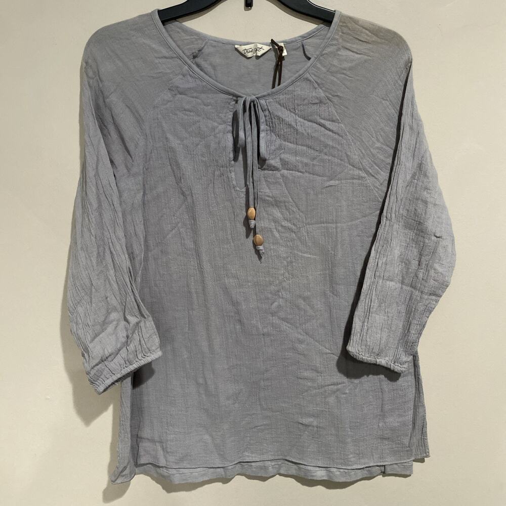 True Grit Dry Goods Gray 3/4 Sleeve Tie Neck Gauze Top Boho Minimalist Sz Sm NWT